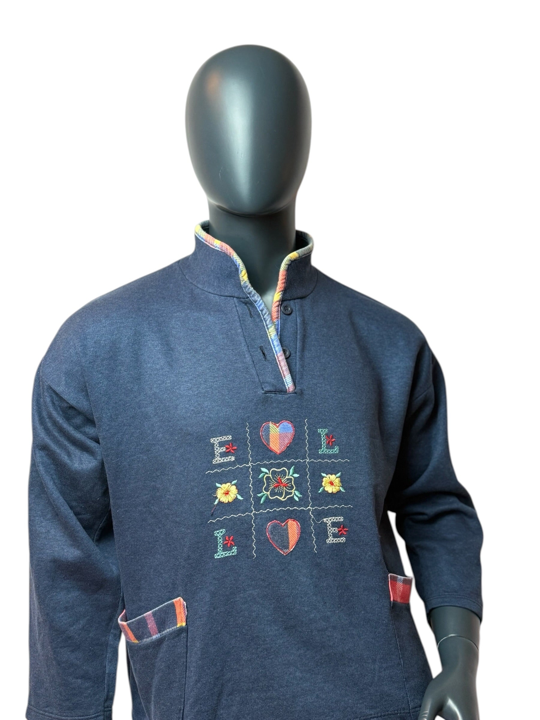 Vintage Sweatshirt Navy Stickerei Floral Love Pattern Quarter Button